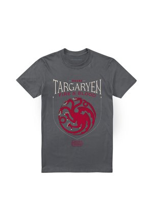 Dark gray T-shirt with red three-headed dragon and text "House Targaryen Fire & Blood" from Game of Thrones.