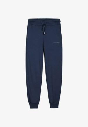 Pantalones jogger azul marino con cinturilla elástica, cordón, bolsillos laterales, puños acanalados y pequeño logotipo "Colmar Originals" en el muslo izquierdo.