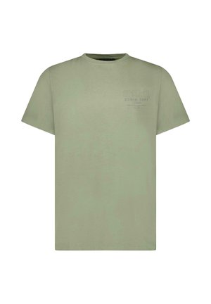 Groen T-shirt met korte mouwen en ronde hals met subtiele bedrukte tekst op de linkerborst bovenaan met de tekst "GLOBAL CO DENIM DEPT."