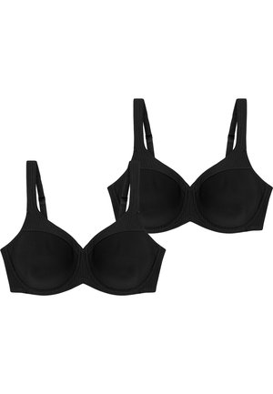 To sorte bh'er lavet af glat stof, med underwire støtte, justerbare stropper og en sømløs kopdesign.