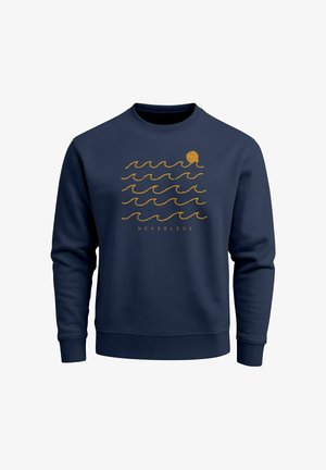 Navy blue sweatshirt featuring a gold wave and sun design with the word "NEVERLESS" printed below. Made from soft, textured fabric.