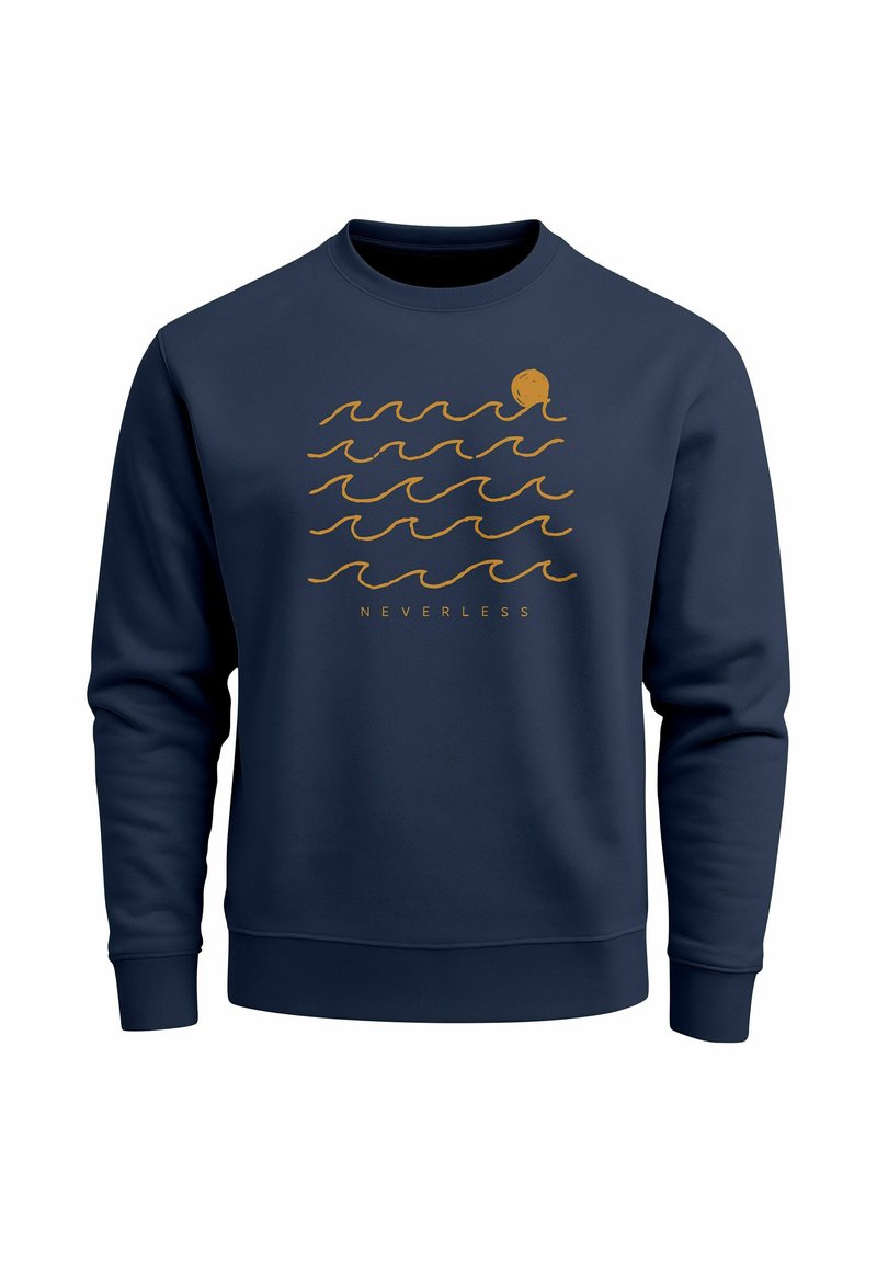 Navy blue sweatshirt featuring a gold wave and sun design with the word "NEVERLESS" printed below. Made from soft, textured fabric.