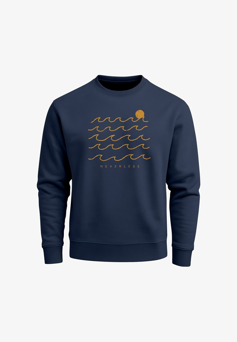 Navy blue sweatshirt featuring a gold wave and sun design with the word "NEVERLESS" printed below. Made from soft, textured fabric.