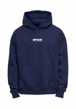 Sweat-shirt à capuche bleu marine avec poche kangourou à l'avant et logo blanc "DPSZE" centré sur la poitrine.