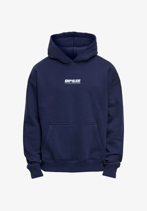 Sweat-shirt à capuche bleu marine avec poche kangourou à l'avant et logo blanc "DPSZE" centré sur la poitrine.