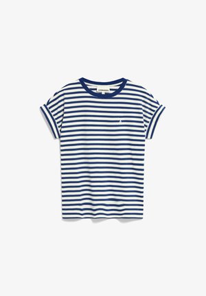 Gestreiftes T-Shirt in Marineblau und Weiß, kurzärmlig, runder Ausschnitt, mit kleinem Logo auf der Brust. Hergestellt aus weichem Baumwollstoff.