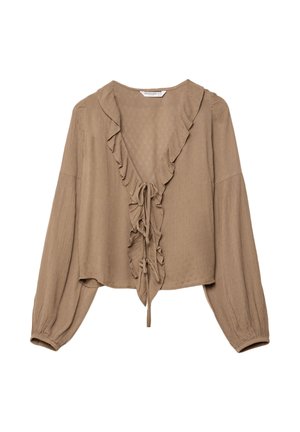 Blusa marrone a maniche lunghe con scollatura a V con ruches e lacci frontali. Realizzata in tessuto testurizzato con motivi sottili, nel design cropped.