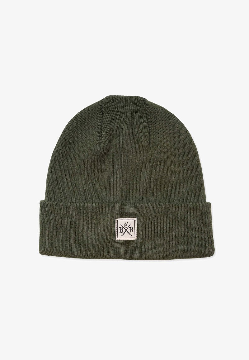 Knit beanie in dark green with a folded cuff band. Features a square patch with contrasting logo in white. Soft texture, close-fitting design.