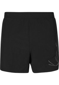 Shorts noirs en tissu léger avec une taille élastique et un logo gris discret en bas à droite.