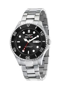 Sector automatische horloge met een roestvrijstalen band, zwarte wijzerplaat, witte wijzers en een rode secondenwijzer. Waterbestendig tot 100m.