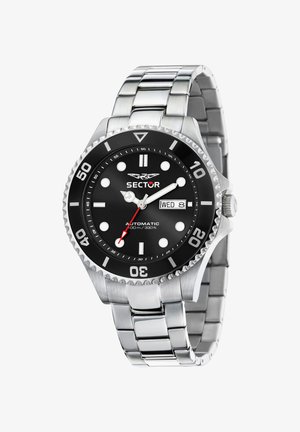 Sector automatisk ur med rustfrit stålrem, sort urskive, hvide markører og rød sekundviser. Vandtæt til 100 m.
