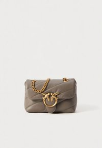 Gray leather handbag with a quilted design, gold-tone chain strap, and bird motif hardware as a clasp. Compact rectangular shape.