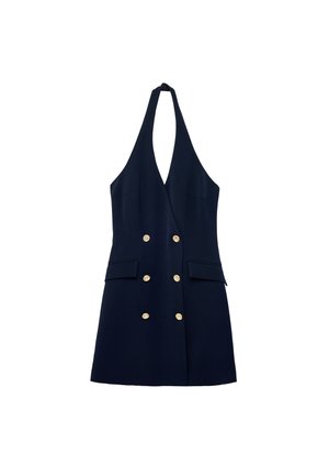 Marineblaues Neckholder-Blazer-Kleid mit sechs goldenen Knöpfen und zwei vorderen Klappentaschen, ärmellos und knielang.