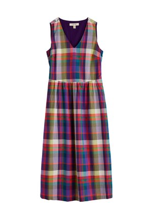 Karo ärmelloses Kleid mit V-Ausschnitt, das in einer mehrfarbigen Karomusterung in Lila, Grün, Rot und Weiß gestaltet ist. Mit ausgestelltem Rock.