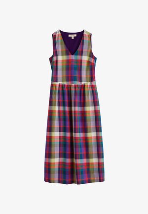 Geruite mouwloze jurk met een V-hals, in paars, groen, rood en wit met een meerkleurig ruitpatroon. Uitlopende rok.