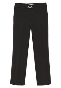 Pantaloni neri a gamba dritta con una texture liscia, caratterizzati da un accento in catena argentata sulla cintura frontale e due tasche laterali.