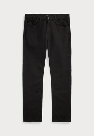 Black denim jeans with a slim fit, featuring front pockets, a button closure, and subtle texture throughout the fabric.
