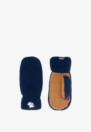 Laivastonsiniset fleece-lapaset, joissa on beige yksityiskohta ja peukalon aukko, sekä hihassa kirjailtu hahmo. Pehmeä pinta ja lämmin malli.