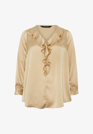 Beige satin blouse with long sleeves, V-neck, and decorative ruffle detail down the front. Textured finish with elasticized cuffs.