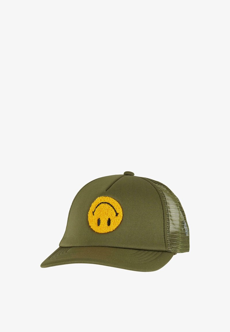 Olive green cap with a structured front, mesh back, and a yellow smiley face patch featuring raised texture details.