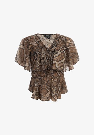 Ruda ir smėlio spalvos gyvatės rašto bluzonė su trumpomis plazdančiomis rankovėmis, V formos iškirpte ir sluoksniuotu apdailos kraštu. Lengvas, permatomas audinys su volanų dizainu.