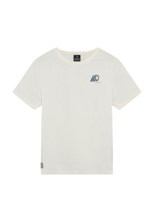 Biały bawełniany t-shirt z okrągłym dekoltem, krótkimi rękawami i niebieskim logo graficznym na lewej piersi, o jednolitej fakturze.