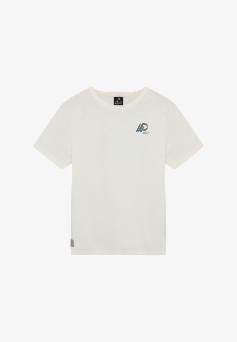 T-shirt en coton blanc avec un col rond, des manches courtes, et un logo graphique bleu sur la poitrine gauche, avec une texture unie.