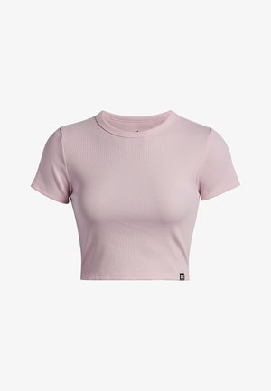 Hellrosa, geripptes Kurzarm-Crop-Top mit rundem Ausschnitt. Verfügt über ein kleines schwarzes Logotag am Saum. Weiche Textur, figurbetontes Design.