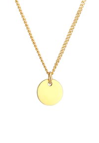 Goldene Kettenhalskette mit einem glatten, runden Anhänger mit polierter Oberfläche, die an einer einfachen Gliederkette hängt und ein elegantes Design bietet.