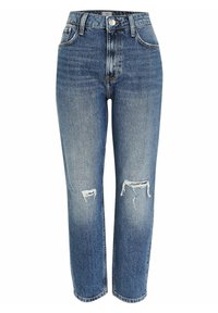 Högmidjade blå jeans i denim med en urtvättad look, kontrasterande sömmar och två slitna knäplåster; rak ben-design.