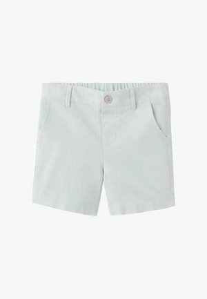 Shorts en coton vert clair avec une texture lisse, dotés d'un bouton, de deux poches avant et d'une ceinture élastique pour le confort.