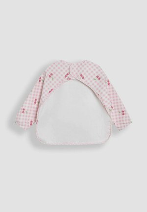 Rozā gingham garām piedurknēm bību ar ķirsīšu rakstu, ar baltu frotē auduma priekšu un izšūtām malām; ietver pogu aizdari kakla daļā.
