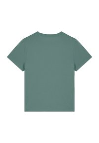 Korte mouwen t-shirt in gedempt groen. Zachte, gladde stof met een klassieke pasvorm. Heeft een ronde halslijn en afgewerkte mouwen. Eenvoudig ontwerp.