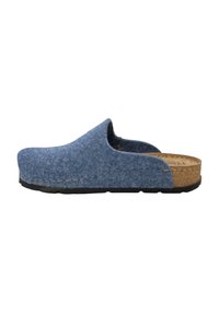 Blå filt slip-on klipklapper med korksål, sort gummisål og rund tå. Har stikninger langs den øverste kant for ekstra detalje.