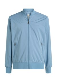 Giacca bomber azzurro chiaro realizzata in tessuto leggero e morbido. Presenta una zip frontale, polsini a coste e tasche laterali con chiusure a zip.