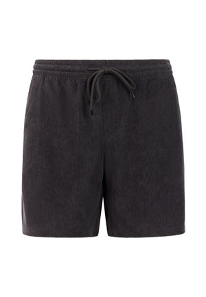 Zwarte corduroy shorts met elastische tailleband en aantrekkoord aan de voorkant, met een verticale geribde textuur en een rechte zoom.