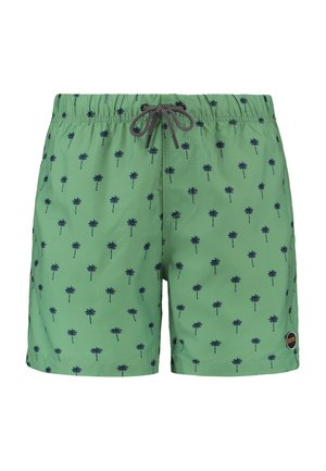 Zelené plážové šortky s nastaviteľným pásom, s motívom malých námorníckych palm. Hladká textúra a strih nad kolená.