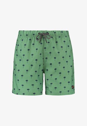 Zelené plážové šortky s nastaviteľným pásom, s motívom malých námorníckych palm. Hladká textúra a strih nad kolená.
