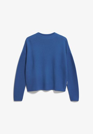 Blauwe gebreide trui met een ronde hals, verlaagde schouders en lange mouwen; heeft een gestructureerd oppervlak en een cropped zoom.