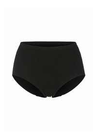 Högmidjade svarta trosor tillverkade av ribbat tyg. Har en slät midjeband och subtila samlingsdetaljer vid bensluten.