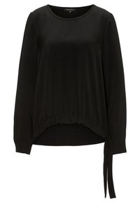 Schwarze Bluse mit langen Ärmeln und rundem Ausschnitt, gerafftem Taillenbereich und gebundenen Akzenten an der Seite. Glatte, glänzende Stofftextur.