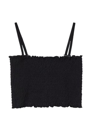 Top court smocké noir avec des fines bretelles réglables, un tissu texturé et un ourlet festonné.