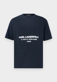 Granatowa bawełniana koszulka z krótkim rękawem; z białym nadrukiem: "KARL LAGERFELD 21 RUE ST-GUILLAUME PARYŻ."