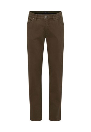 Brown cotton trousers with a straight design, five-pocket style, and a button closure. Smooth texture, clean finish, and no visible patterns.