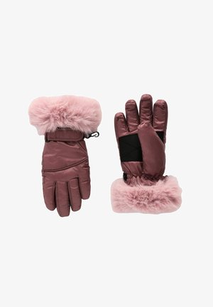 Mănuși din blană artificială și izolate, de culoare roz prăfuit, cu un design matlasat, curea ajustabilă la încheietura mâinii și zonă texturată pe palmă pentru aderență.