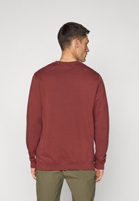 Rød hettegenser med lange ermer og rund hals, laget av mykt materiale. Har ribbestrikkede mansjetter og kant, jevn tekstur og minimal merkevare.