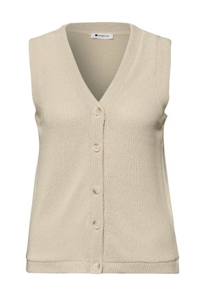 Béžový pletený vesta bez rukávů s výstřihem do V a pěti předními knoflíky, označená jako "Street One".
