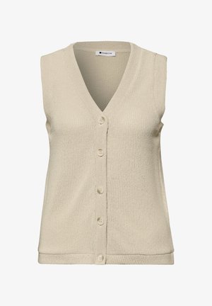 Cardigan sans manches beige en tricot avec col en V et cinq boutons sur le devant, étiqueté "Street One".