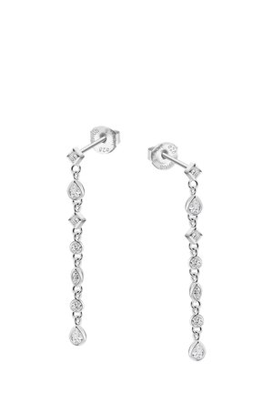 Boucles d'oreilles en argent avec une chaîne de pierres claires taillées de différentes formes, y compris ronds, carrés et en goutte, avec une finition polie.