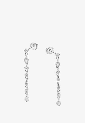 Boucles d'oreilles en argent avec une chaîne de pierres claires taillées de différentes formes, y compris ronds, carrés et en goutte, avec une finition polie.